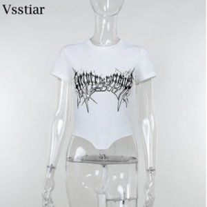 Vsstiar Gothic Print Harajuku Tees Tops White Fashion High Street Casual Women